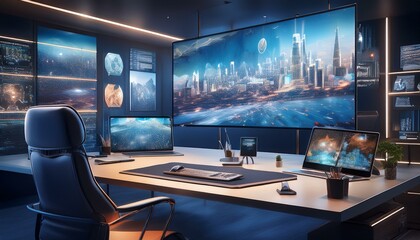 Naklejka premium Design a sleek, modern tech workspace showcasing cutting-edge gadgets, a high-resolution screen setup, minimalist desk, and smart lighting. Emphasize productivity and seamless digital integration
