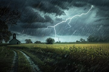 Dramatic Stormy Sky with Striking Lightning Over Quiet Countryside