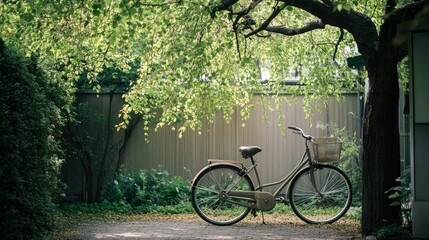 Fototapeta premium A vintage bicycle parked beneath a leafy tree, surrounded by greenery and a cobblestone path
