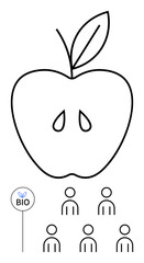 Fototapeta premium Apple outline with seeds five stylized human figures in a row, and bio sign with leaf symbol. Ideal for organic, health, community, sustainability, nutrition, farming, and bio themes. Line metaphor
