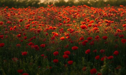 Obraz premium Red poppy field at sunset in a summer meadow