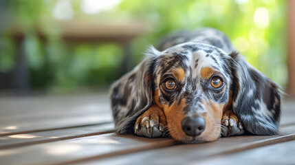 A dappled dachshund with a sweet expression lying in a sunlit patch on a wooden floor.