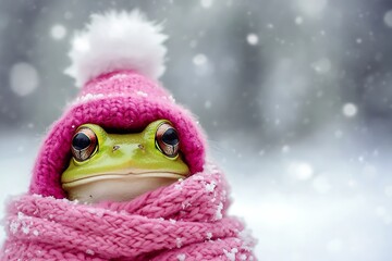 cute frog in pink knitted hat and scarf on winter background, holiday pet wallpaper, Christmas or New Year banner, dressed animal portrait, wrapped warm in cold weather