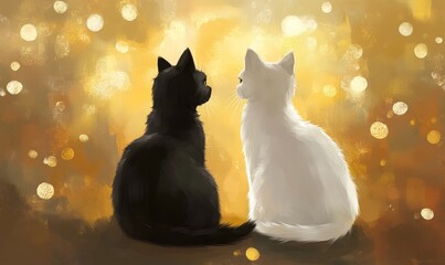 Two cats, black and white, sitting together against a soft golden bokeh background, creating a peaceful and cozy scene