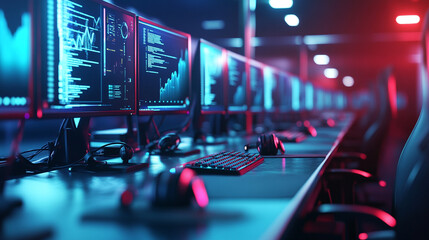 Modern Cyber Gaming Room with Neon Lights and Computers