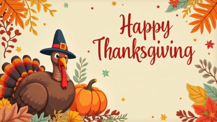 A cheerful turkey wearing a pilgrim hat stands beside a pumpkin, framed by colorful autumn leaves, celebrating the spirit of Thanksgiving with joy Thanksgiving day concept