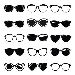 Collection of fashionable sunglasses silhouettes featuring various trendy shapes, including round, cat-eye, and heart styles, in a stylish black and white design.