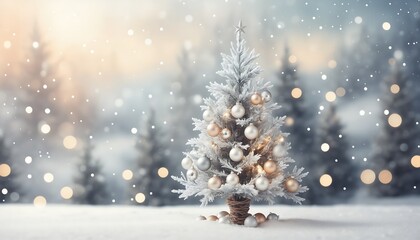 Christmas eve background concept with white decorations, Christmas tree, and snowflakes for a festive banner