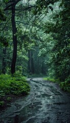 Naklejka premium Lush Forest Pathway in Heavy Rain: Nature's Intensity and Serenity for Posters or Prints