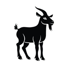 Obraz premium Black and white silhouette of a goat with prominent horns and a beard, showcasing its distinctive features in a simple and bold design.