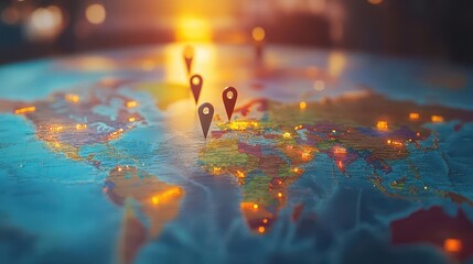 Global expansion plan, world map with pointers, international strategy, 3D illustration