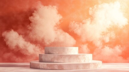 A Circular Stone Platform Before an Orange Wall with White Clouds