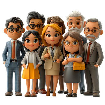 A whimsical 3D cartoon depiction of a diverse group of business professionals collaborating on strategies in a lively animated setting.