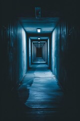 Fototapeta premium Dark empty corridor leading to a door, symbolizing the path to the future, evoking mystery