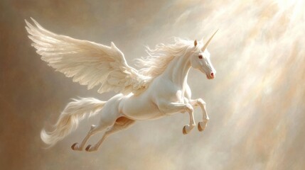 Majestic winged unicorn soaring through ethereal golden light, AI