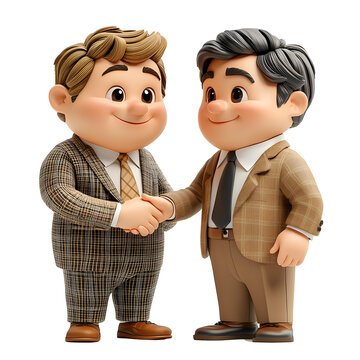 A whimsical 3D cartoon representation of a businessman shaking hands with a client in a professional setting on a white background.