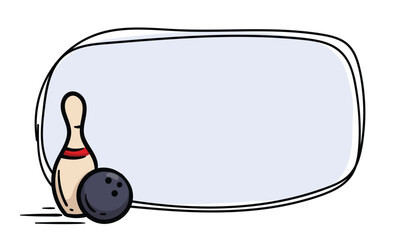 Simple vector template with pins and bowling ball. Hand drawn frame for price tag, notepad, banner. Empty background for text, information