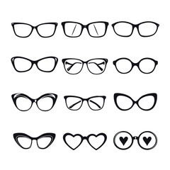 A diverse collection of trendy eyeglasses silhouettes on a white background, featuring various styles from cat-eye to round and heart-shaped frames.