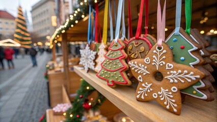 Christmas gingerbread cookies shaped as stars, trees, and ornaments, hanging on colorful ribbons at a festive market. The intricate designs and holiday lights evoke a joyful seasonal charm.
