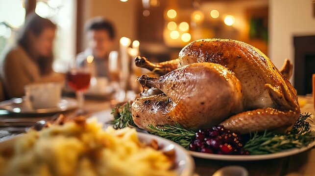 Cozy dining room with a family enjoying a traditional Thanksgiving dinner featuring a roasted turkey mashed potatoes and cranberry sauce promoting holiday meals family gatherings and comfort food