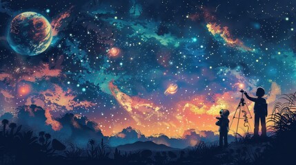 Obraz premium Illustration of children on a space exploration mission, charting unexplored star systems and mapping cosmic phenomena in vector style