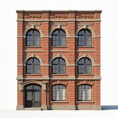 Fototapeta premium Facade of a historic brick building with arched windows and a balcony overlooking a European street on a white background