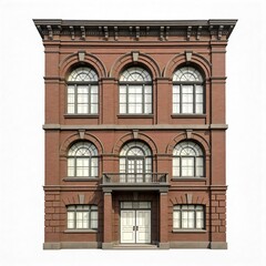 Fototapeta premium Facade of a historic brick building with arched windows and a balcony overlooking a European street on a white background