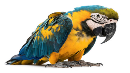 Close-up of a vibrant blue and yellow macaw parrot with intricate feather details, isolated on a white background