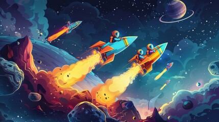 Fototapeta premium Illustration of children on a space race through an asteroid belt, competing in futuristic spacecrafts for the championship title in vector style