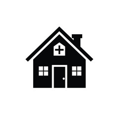 Fototapeta premium Black and white house icon with cross symbol above the door, representing healthcare or hospital at home concept.