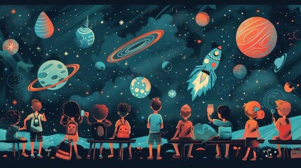 Naklejka premium Illustration of kids attending an intergalactic school, learning about alien cultures and studying cosmic phenomena in vector style