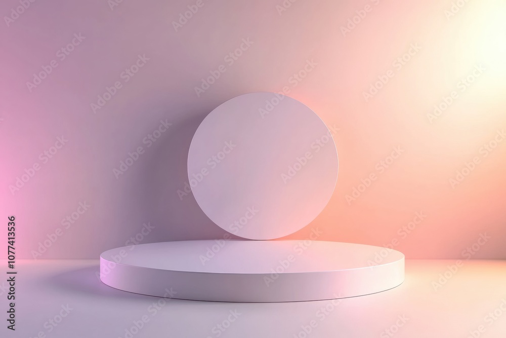Poster Soft pastel lighting creates an inviting atmosphere around minimalist circular shapes positioned on a smooth surface, evoking tranquility. Generative AI