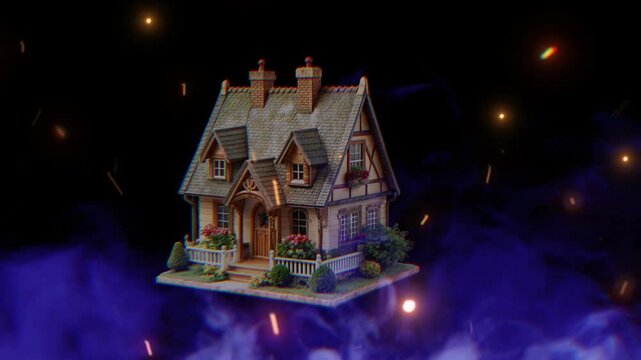 house in the night animation with motion graphic clip template with smoke and fire spark. HD resolution with hyper realistic 4K Background.