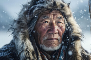 Alaskan Inuit elder wearing traditional fur attire in a snowy setting, face lined with experience, and serene expression. Generative AI