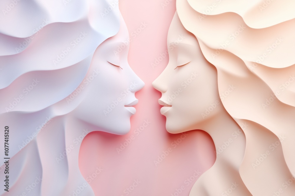 Fototapete two abstract faces in soft pastel shades face each other, symbolizing deep communication and underst