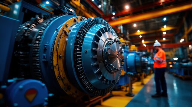 A sprawling engine room filled with intricate machinery is illuminated by the warm glow of factory lights, capturing the grandeur and enormity of industry.