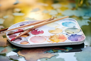 Fototapeta premium Watercolor Set and Brush in Creative Indoor Space