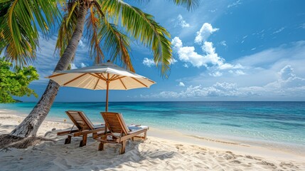 Obraz premium Two lounge chairs under a palm tree on a white sand beach with turquoise water.