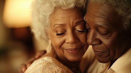 Elderly couple embracing, showing love and connection. Warm tones create a cozy atmosphere. Soft light highlights their joyful expressions and beautiful details in their clothing.