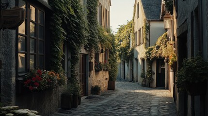 Fototapeta premium A Narrow, Cobblestone Street in a European Village, Bathed in Sunlight