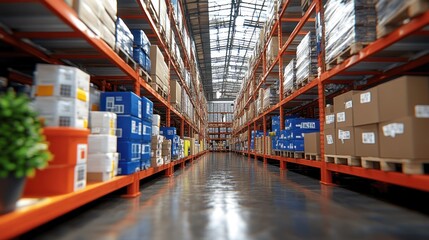Fototapeta premium An aisle in a large warehouse with shelves full of boxes.
