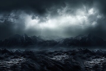 Eerie valley scene with full moon and silhouetted mountains.