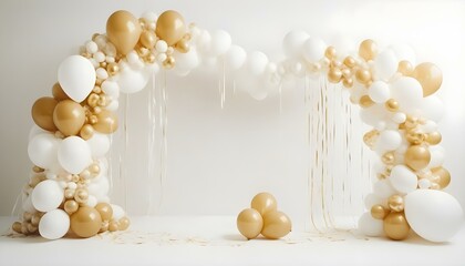 Balloon arche on white background, golden and white balloons. AI generated