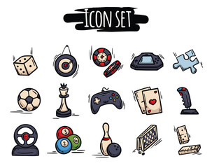 Bright vector set of hand drawn icons of board games, entertainment and leisure. Simple signs and symbols for design, design elements for website, application, flyer