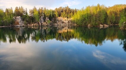 Tranquil Lake Reflection in Spring Forest