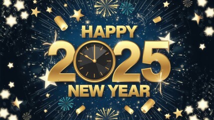 Fototapeta premium card or banner to wish a happy new year 2025 in gold with gold-colored circles and glitter in bokeh effect on a blue background 