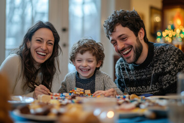 Fototapeta premium A family enjoys a lively game of dreidel, filled with laughter and togetherness