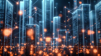 Fototapeta premium Futuristic cityscape with glowing digital lines and vibrant orbs, symbolizing innovation and advanced technology in a modern urban environment.