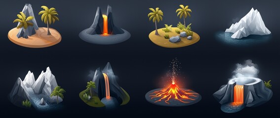Illustration of various stylized landscapes, featuring islands, volcanoes, waterfalls, and palm trees under diverse environmental settings.