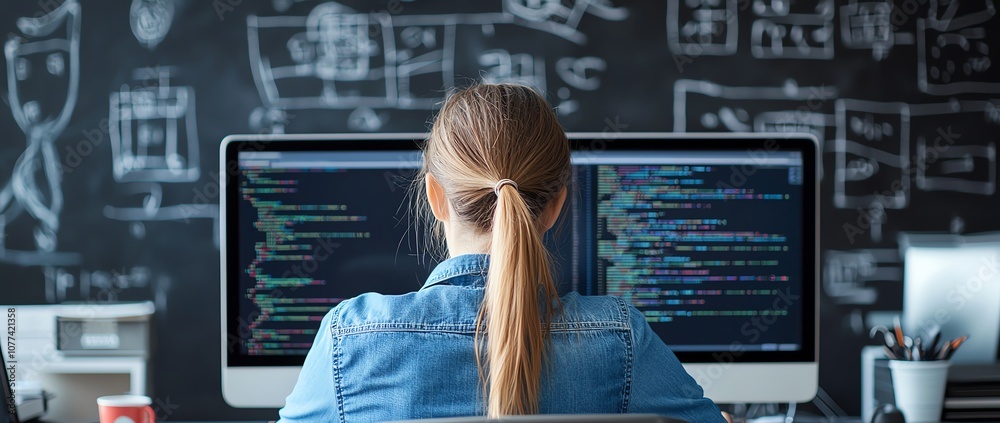Poster software developer at workstation, dual monitors displaying code